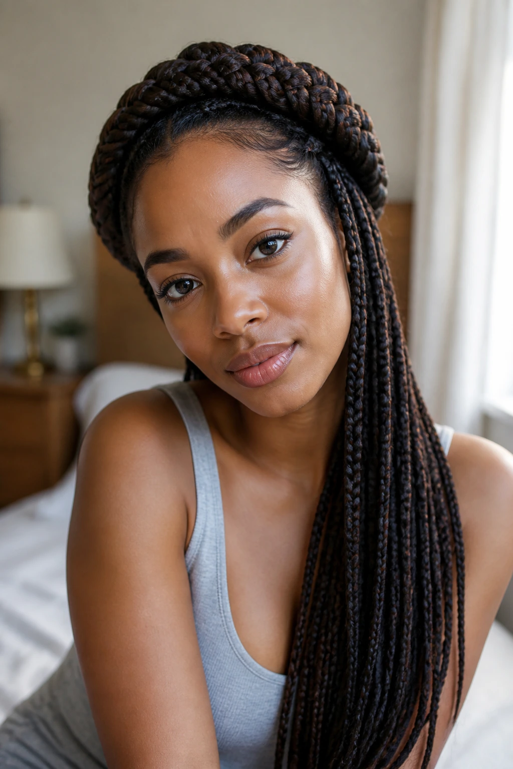 Close-up of a real person wearing a braided crown with long loose box braids