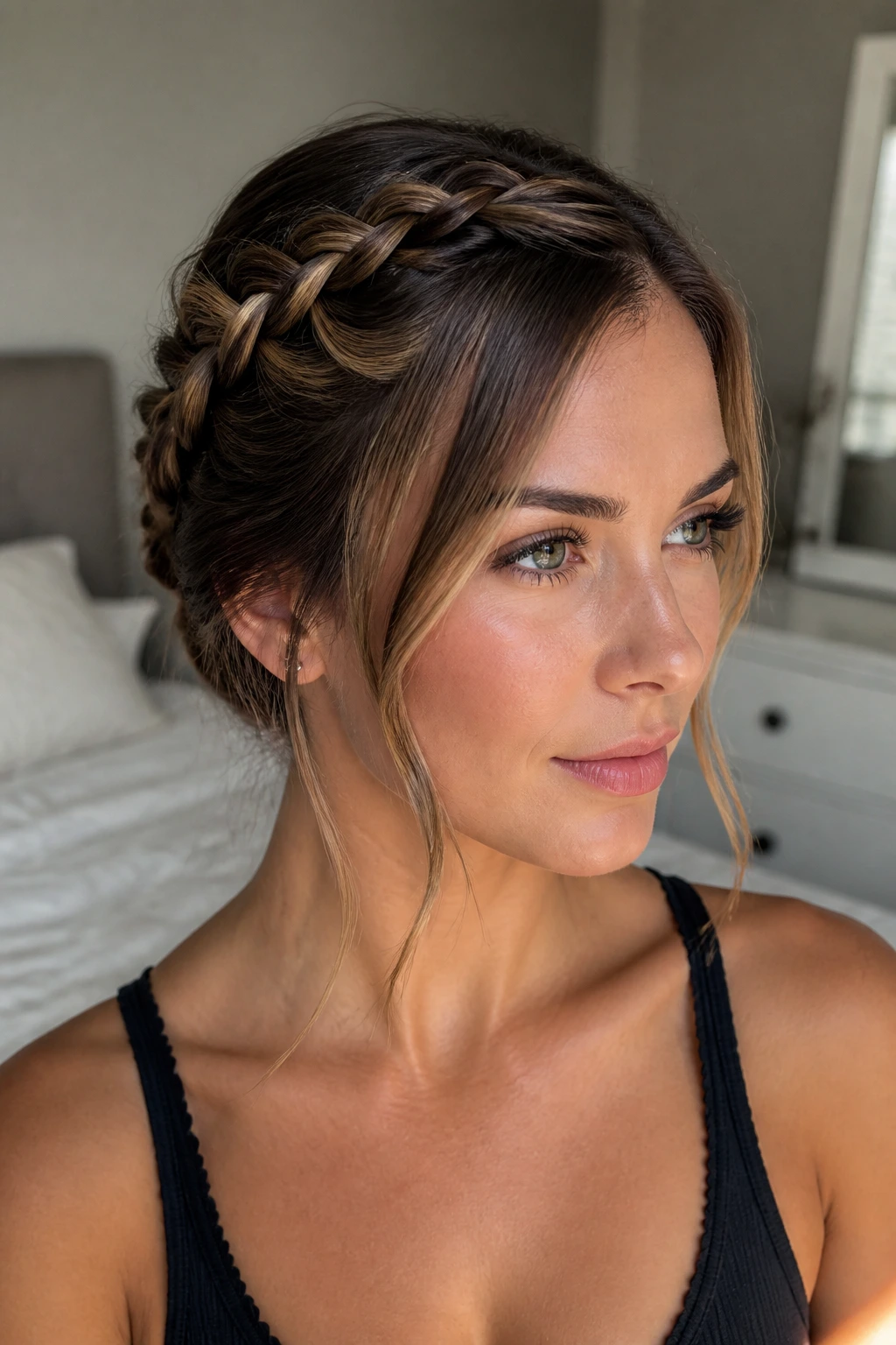 Close-up of a real woman's braids with crown-friendly width and soft face-framing strands in a bedroom window light