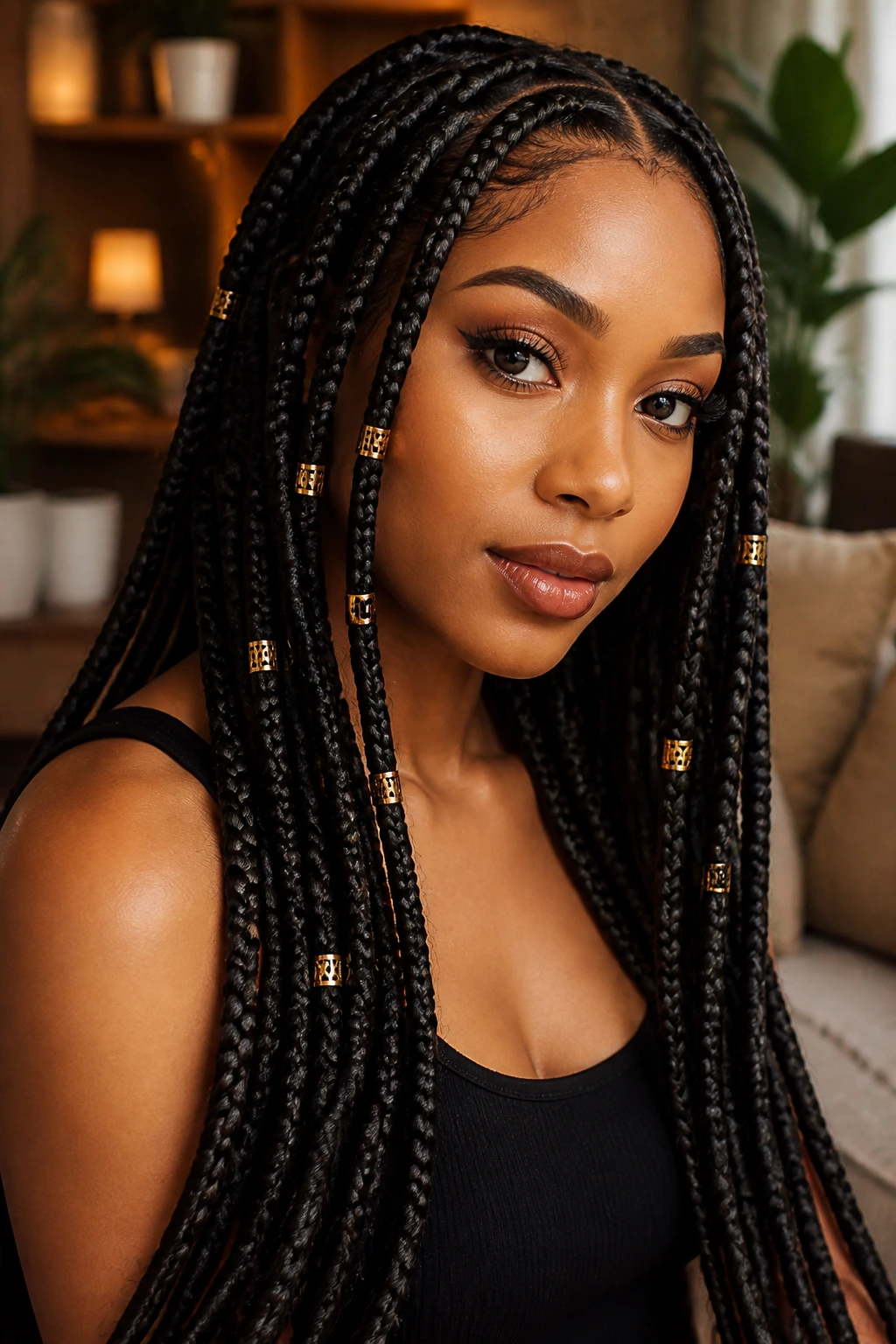 Portrait of a woman with box braids and metallic cuffs along the hair