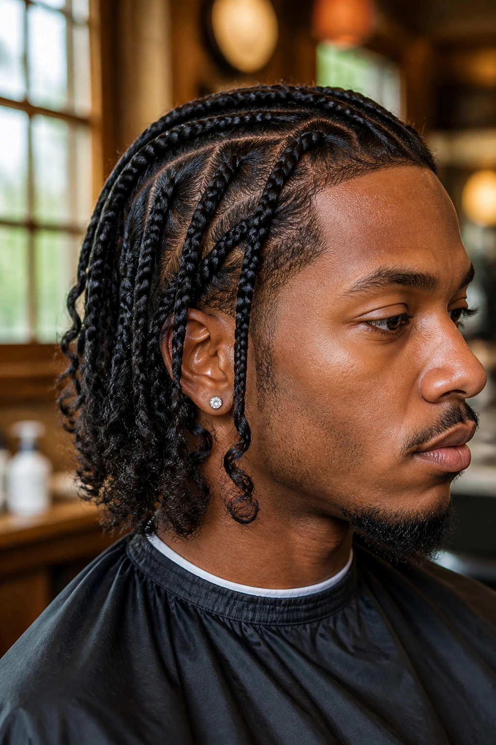 Close-up portrait of a man with braided curly ends in a warm barber shop.