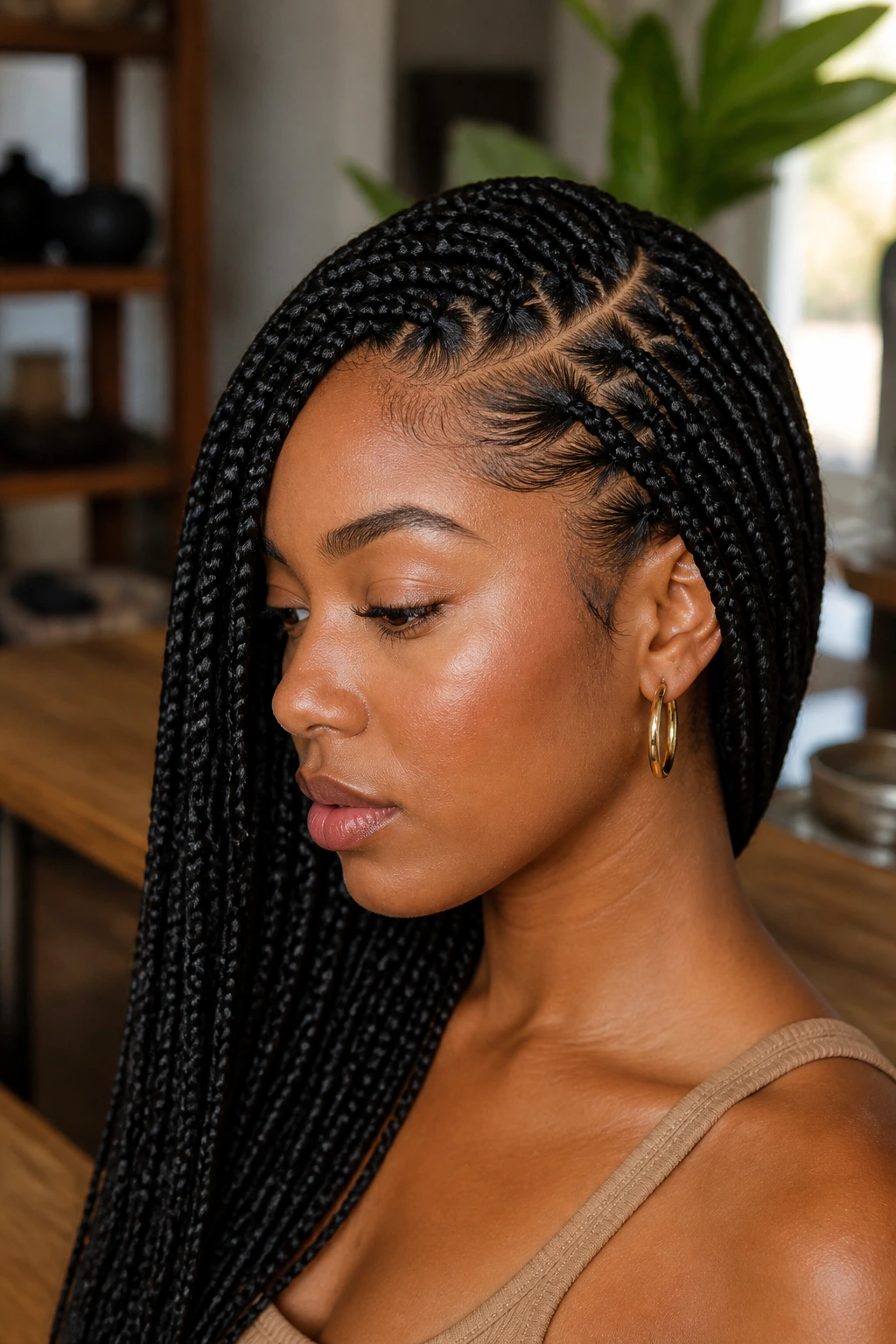 Profile view of a woman with a deep side part in box braids