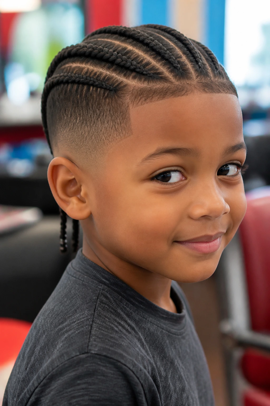 Close-up of a child with braids and a fade on the sides