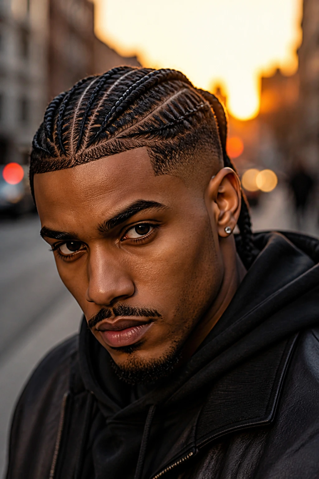 Man with bold braids and fade in an urban setting during golden hour.