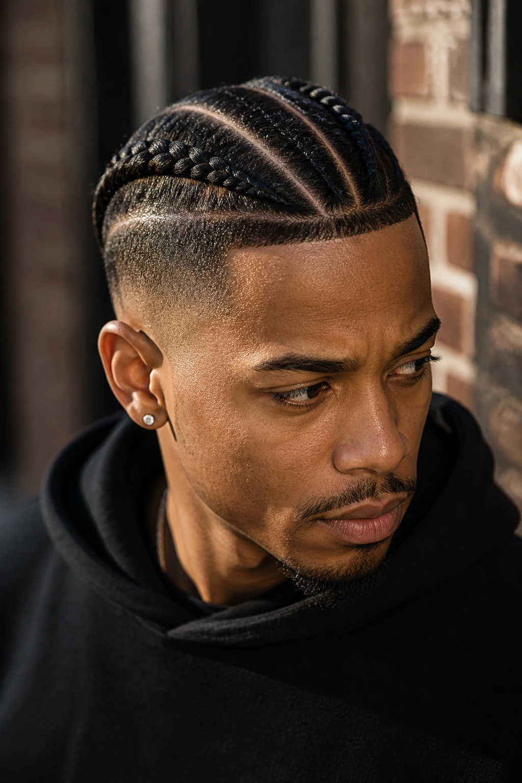 Portrait of a man with braids integrated into a fade showing how braids fit.