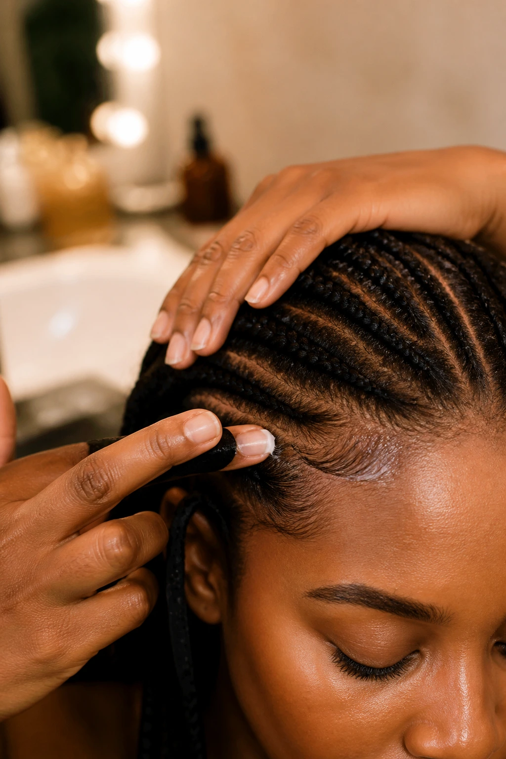 Close-up of hands applying styling cream to hairline on a real person