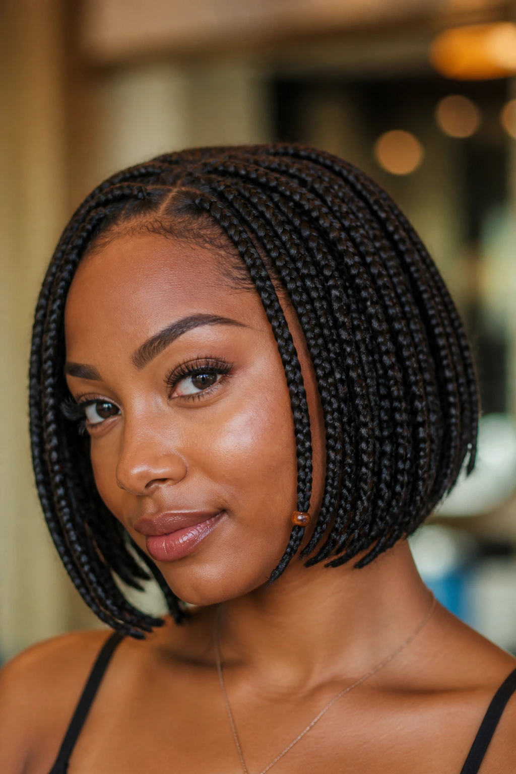 Portrait of a person with a chin-length bob of box braids ending at the jaw with a bead