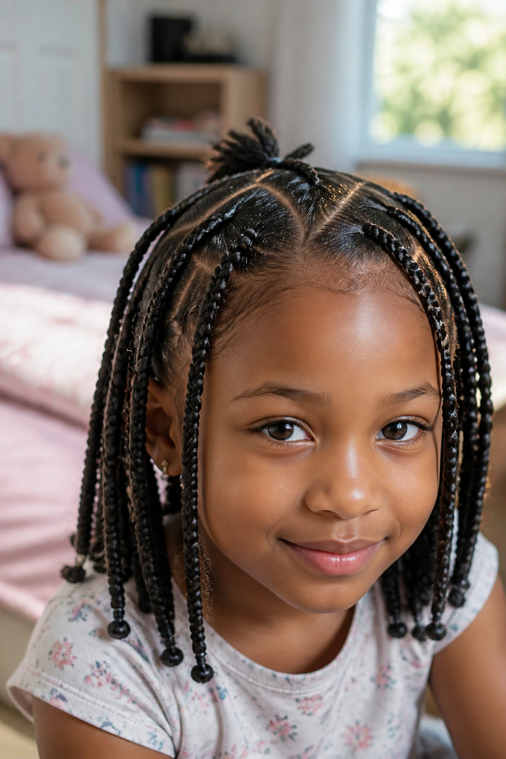 Close-up of a real little girl's head with multiple braids visible