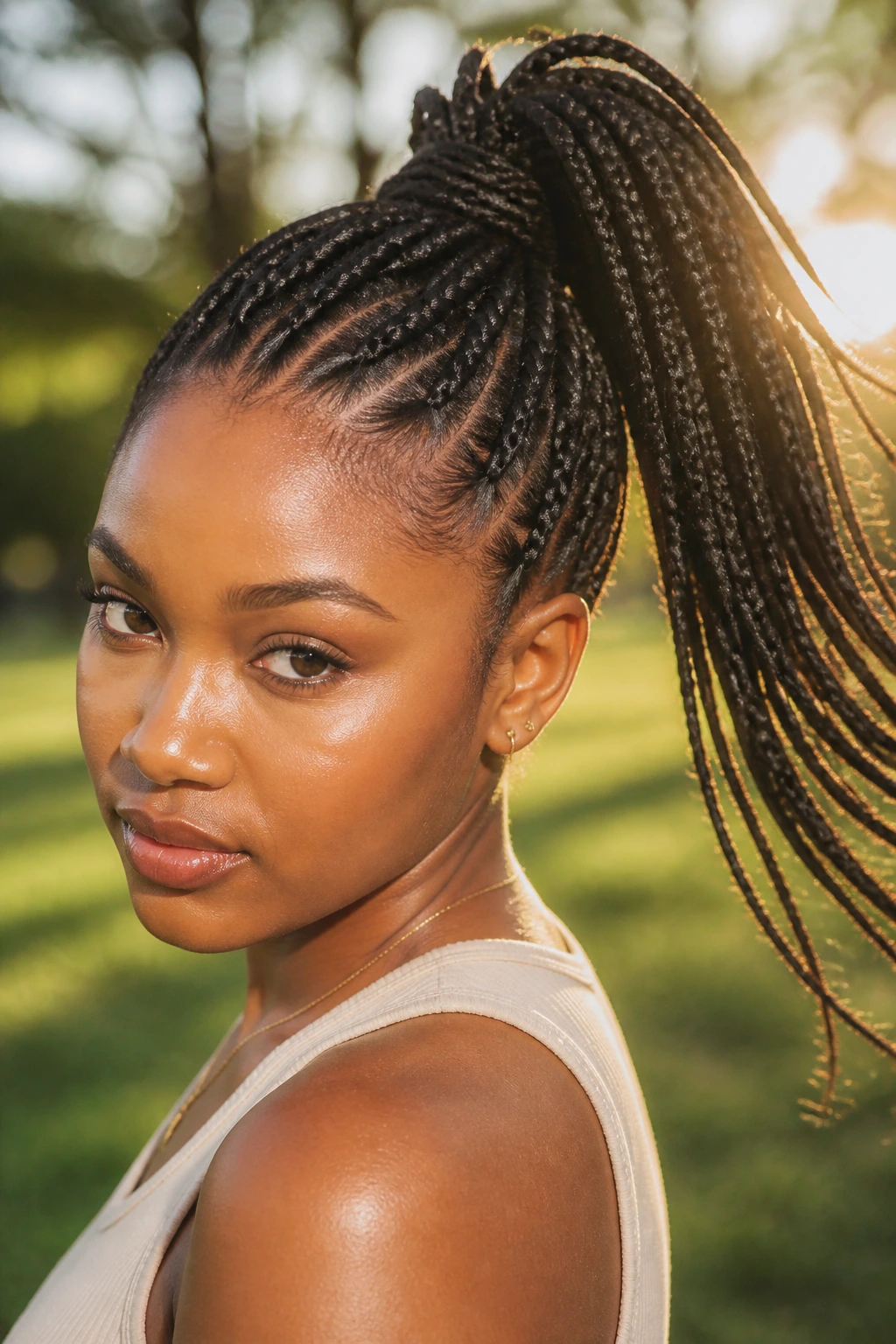 Close-up of a high braided ponytail on a real person in a park at golden hour.