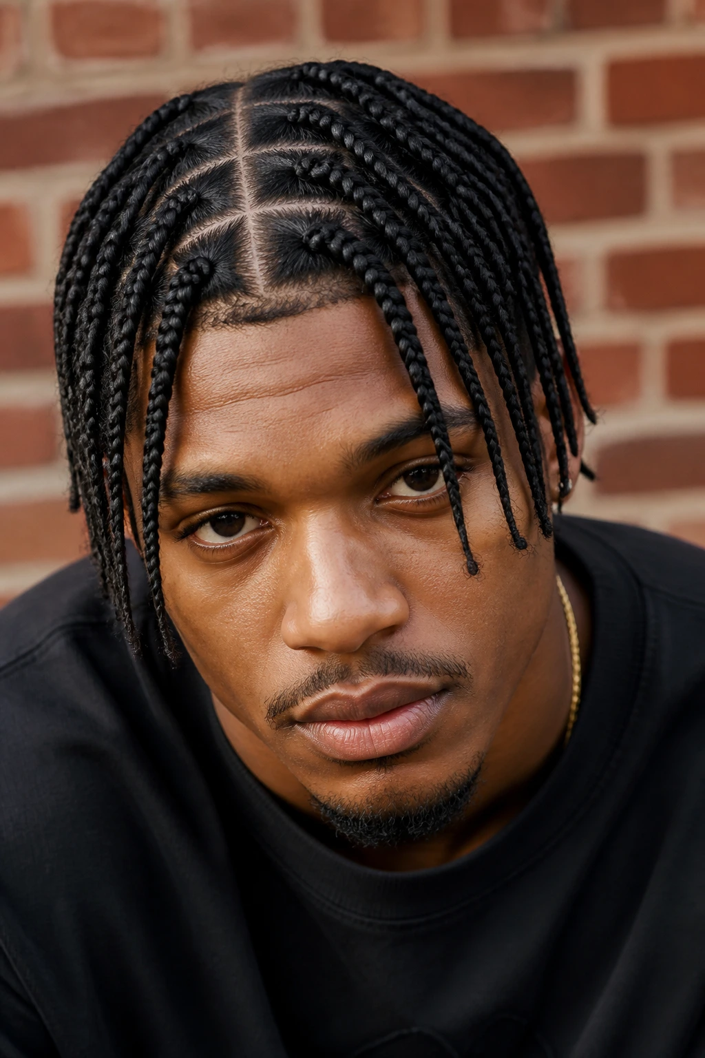 Portrait of man with box braids showing crisp parts and durable shape