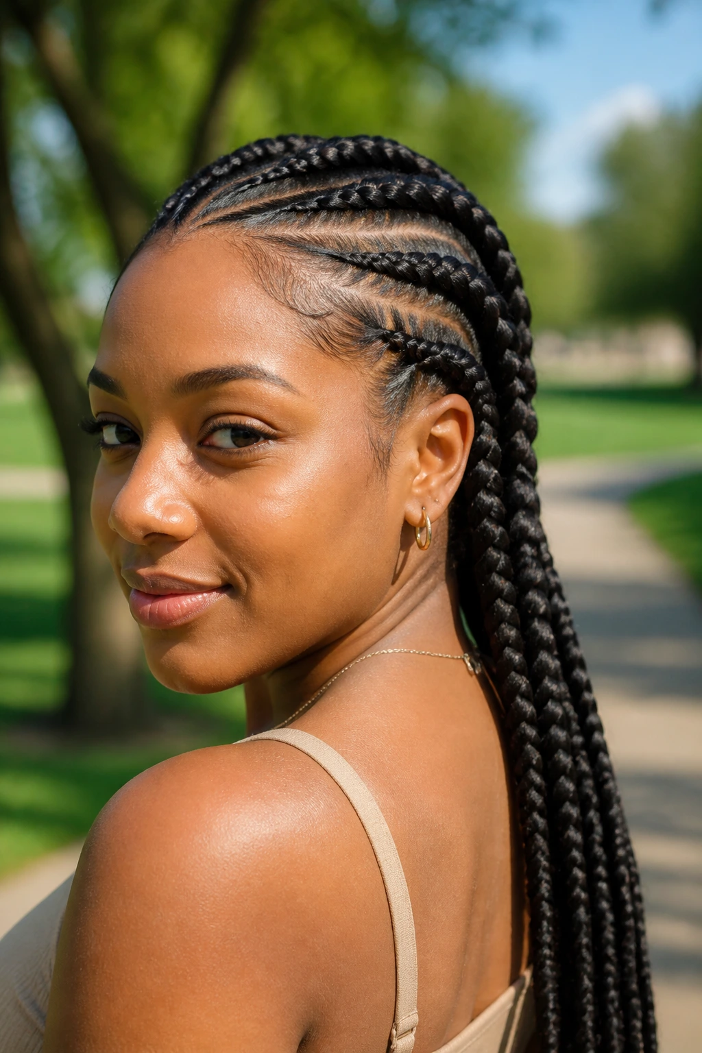 Close-up portrait of a real person with braids in a sunny park to show humidity-friendly style