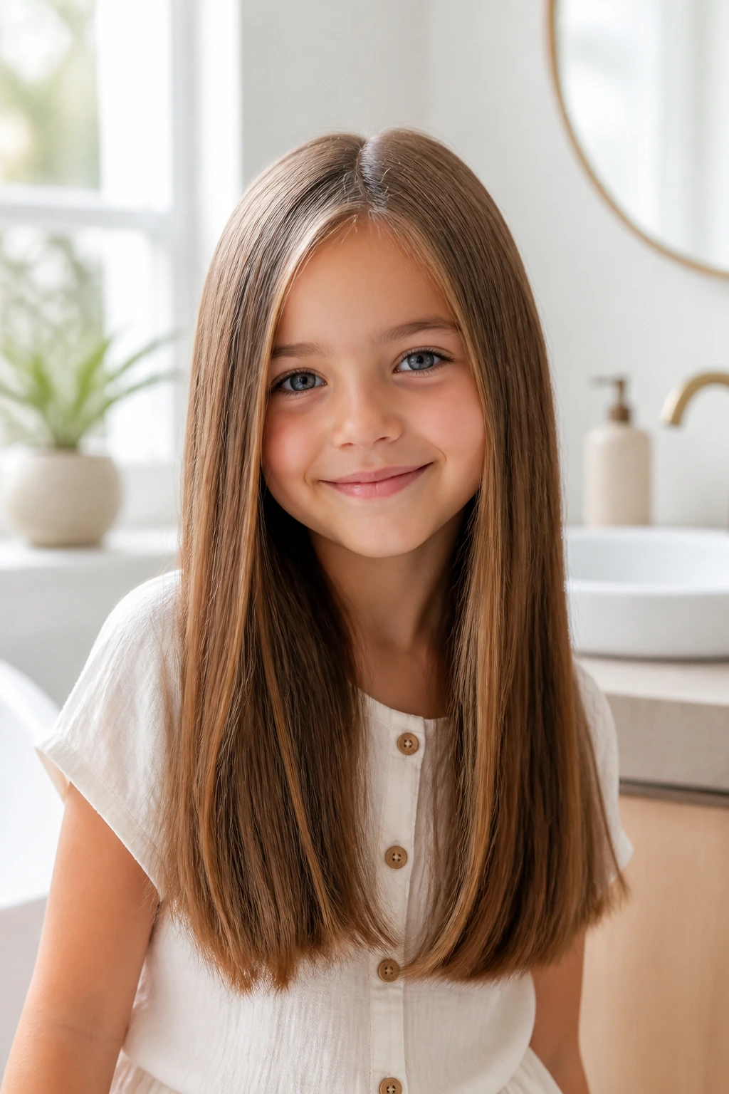 Close-up of a child with long, trimmed ends suitable for braids