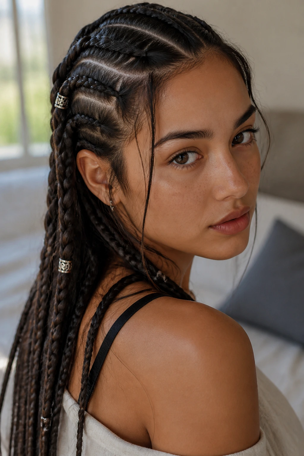 Close-up of a real person with multiple braids in long hair, highlighting silhouette