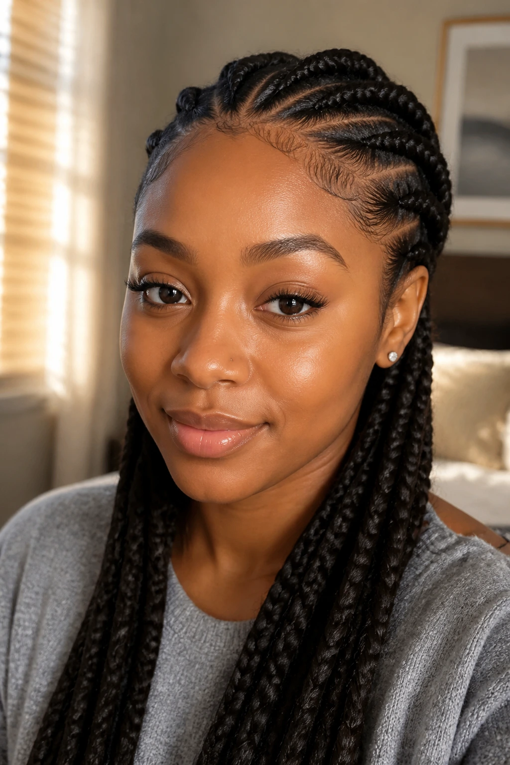 Close-up portrait of a real Black woman with a practical braid look, filling the frame.