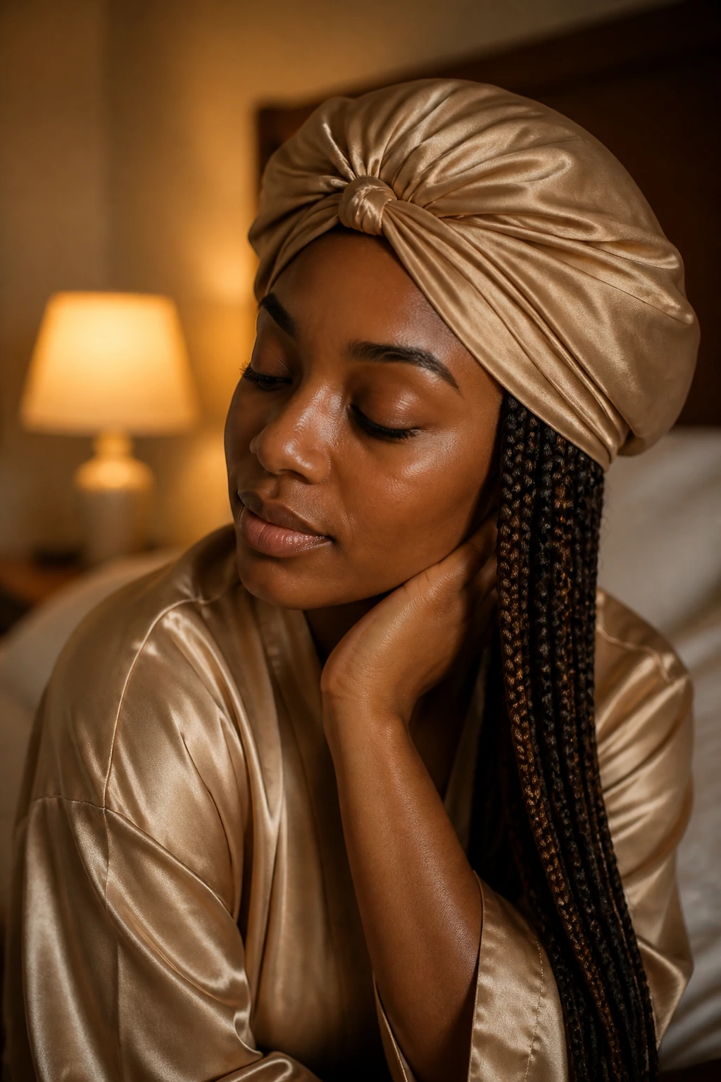 Real woman in satin wrap maintaining braids at home.