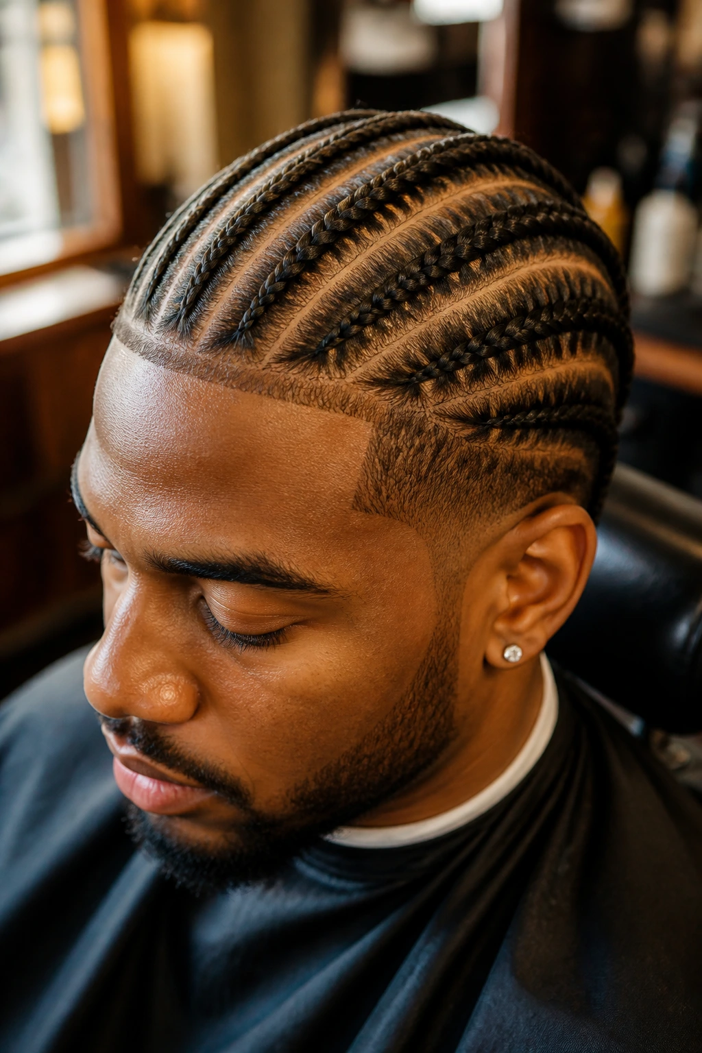 Close-up portrait of a man with braided hairstyles in a barbershop