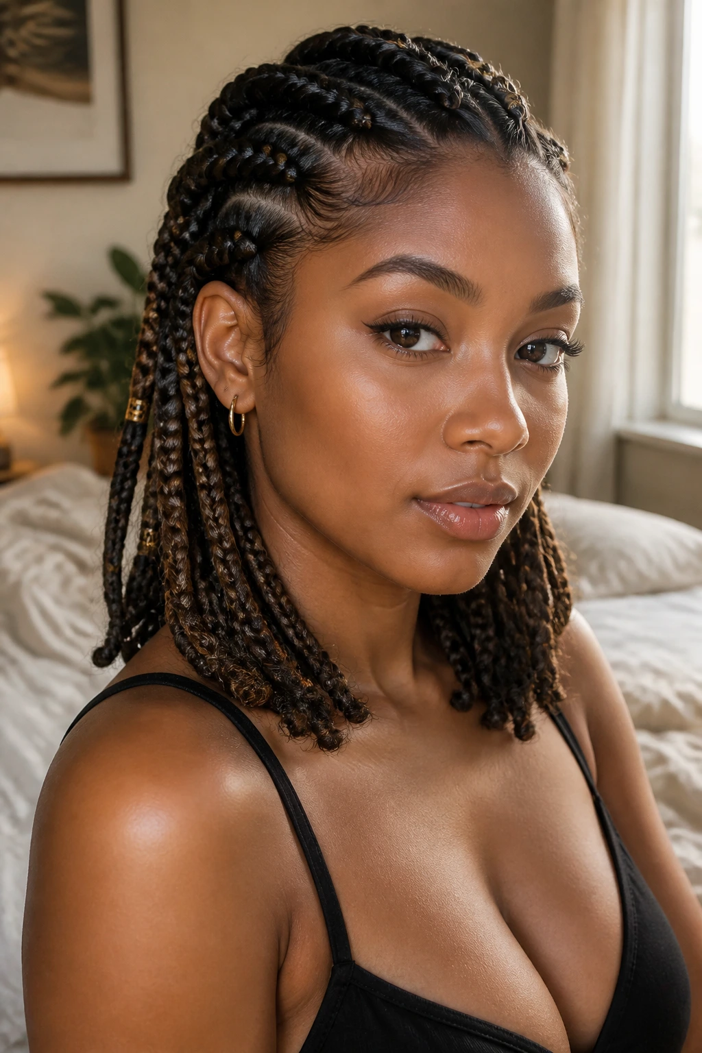 Close-up of a real person with a medium-length braided hairstyle demonstrating braid control on shoulder-length hair