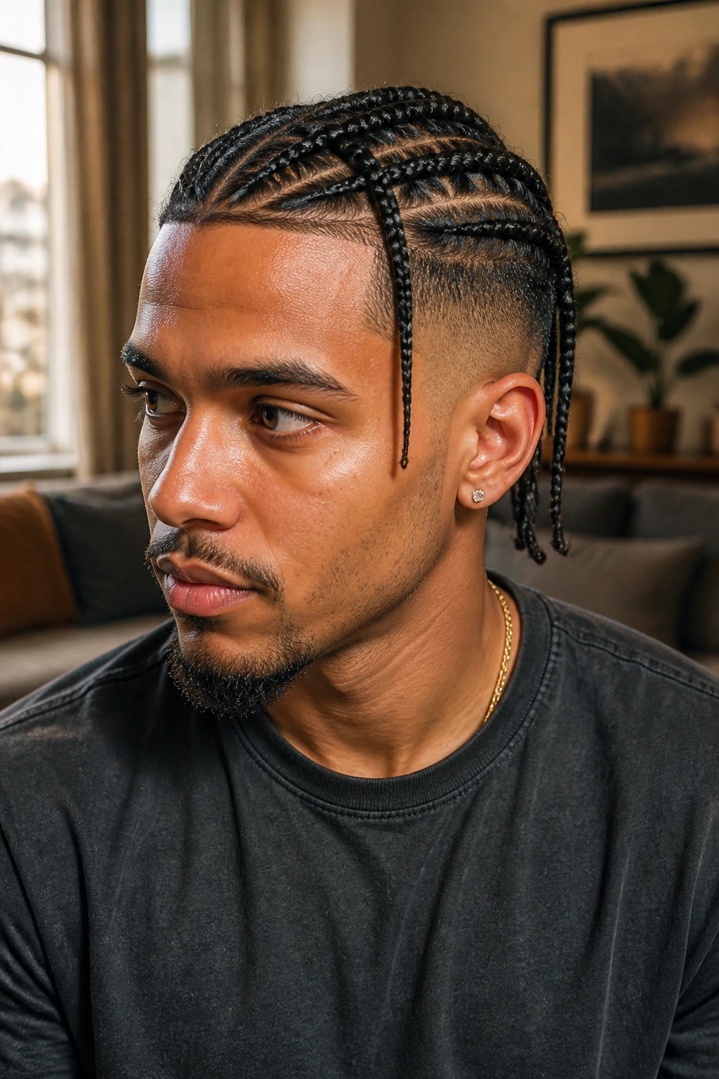 Close-up portrait of a man with neat braids.