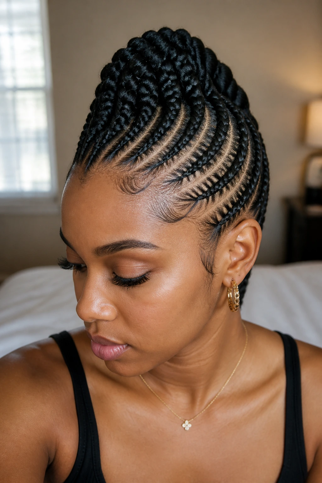 Close-up of real person with braided Mohawk Feed-In Braids featuring a sharp center line and neat sides