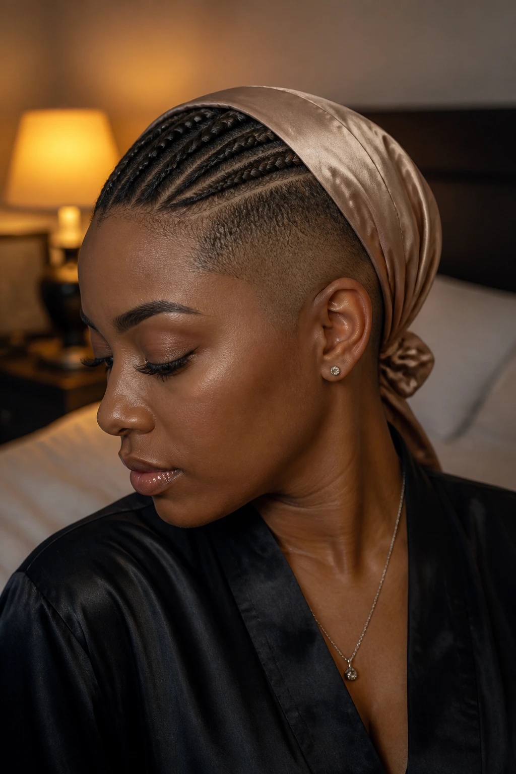 Close-up of a real woman wearing a satin scarf over shaved sides and back braids in a softly lit bedroom.
