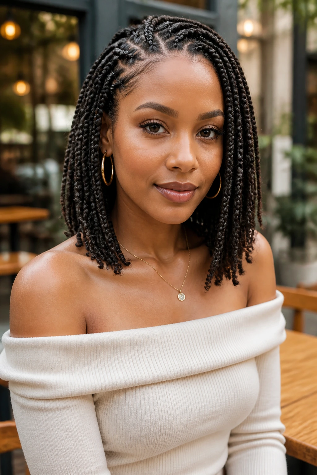 Portrait of a real woman with medium-length braids and a chic outfit