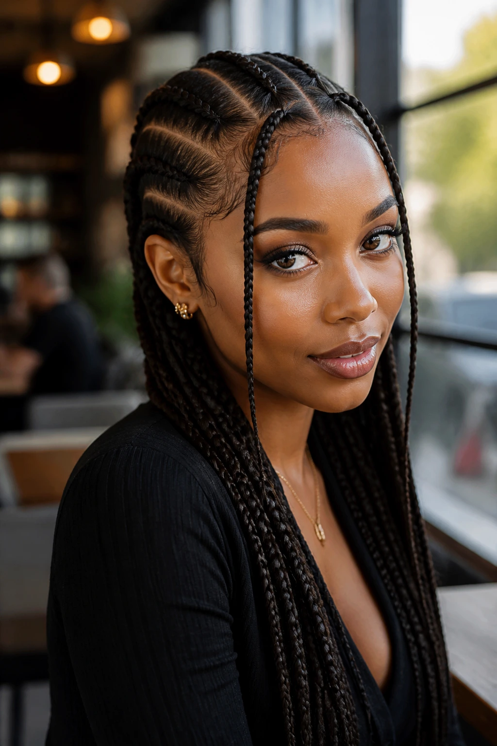 Portrait of a woman with braided hairstyle showing face framing and parting.