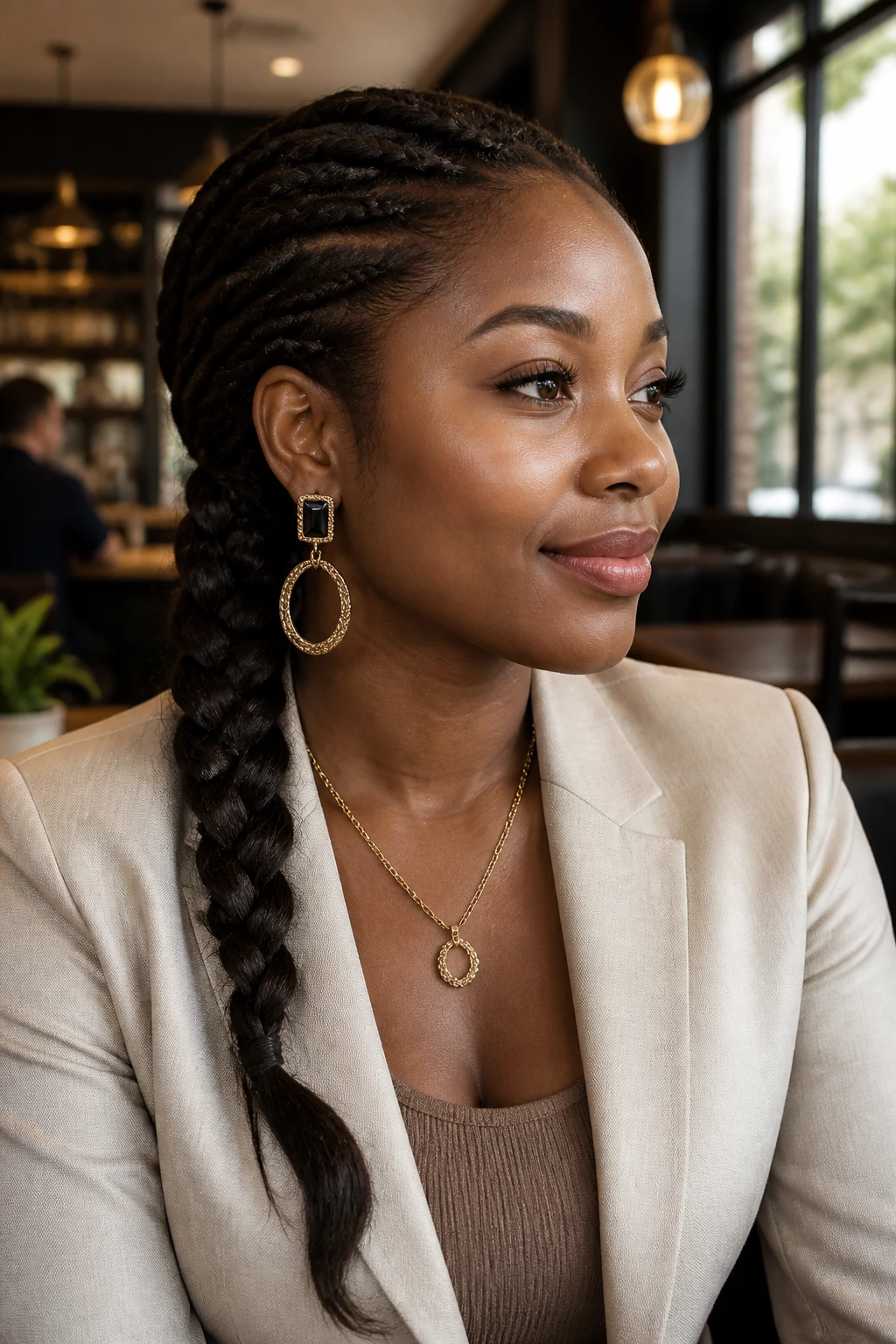 Real woman with a side braid paired with blazer and earrings