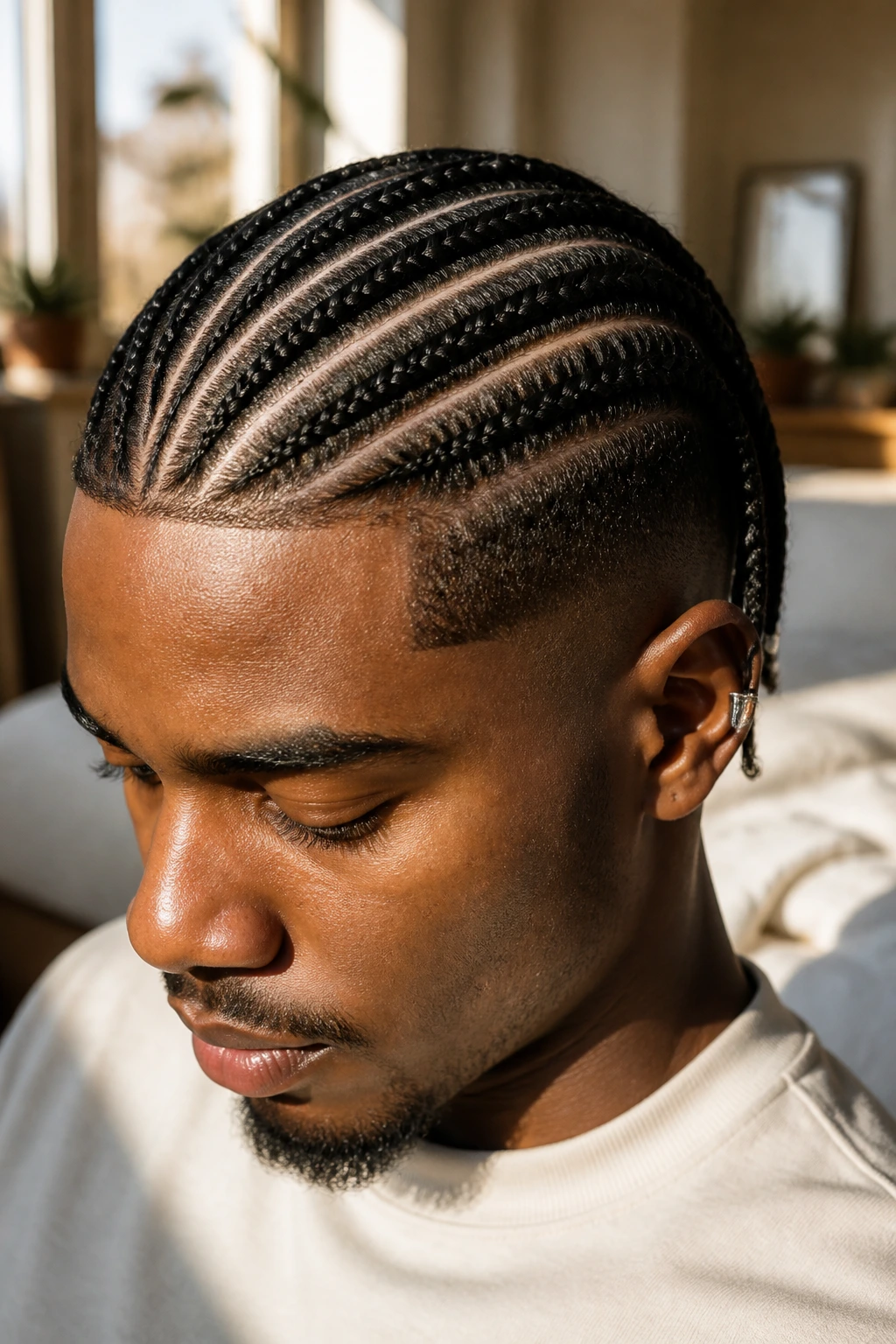 Close-up of a man with straight-part braids and a mousse-finished scalp