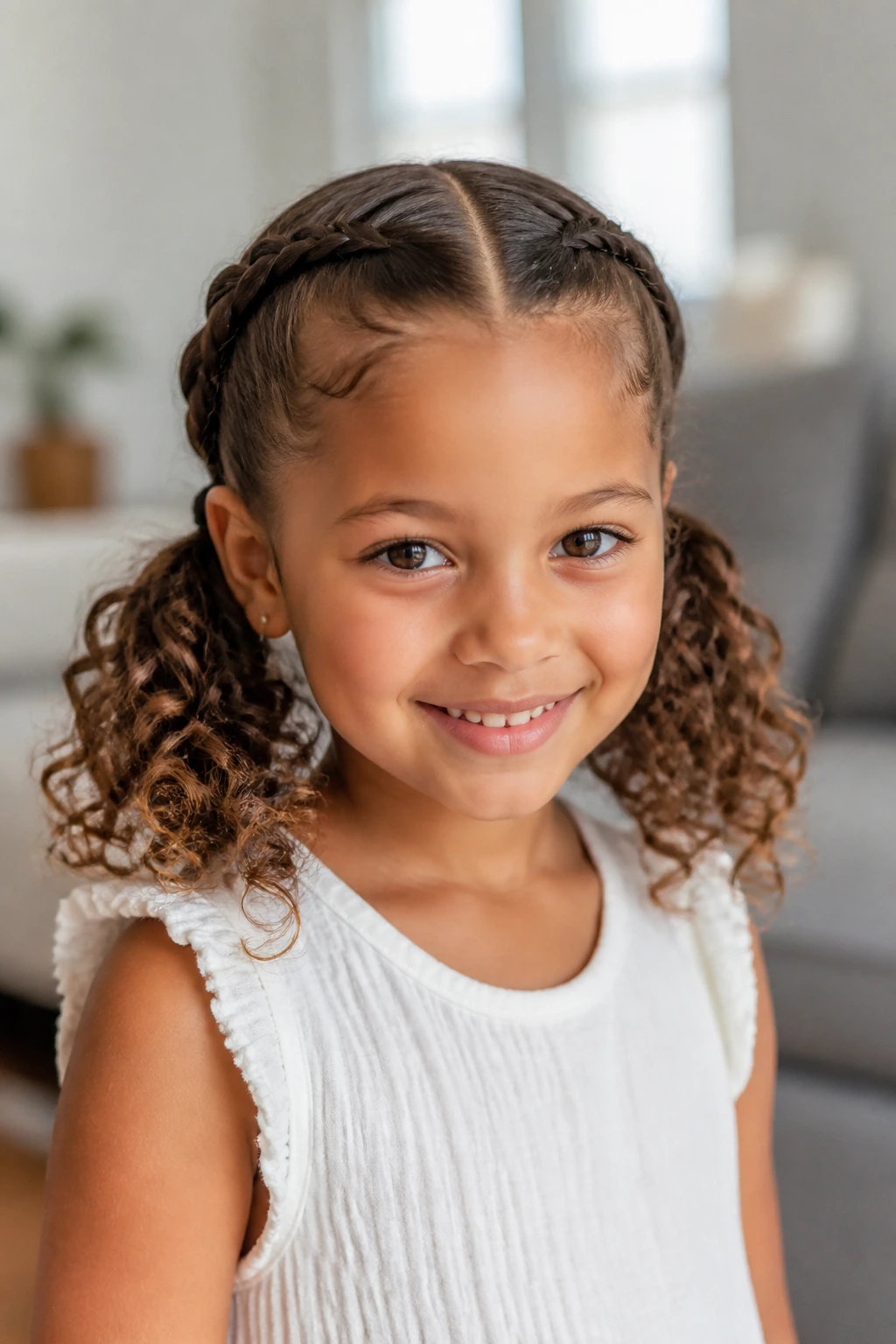 Child with front braids transitioning to curly ends in two pigtails