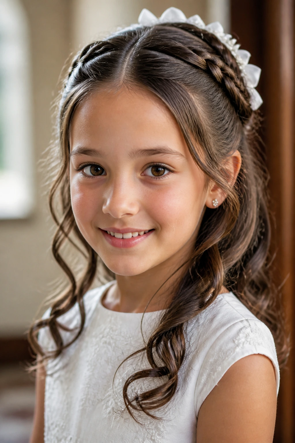 Close-up of a girl with braided hairstyle secured by pins under soft lighting.
