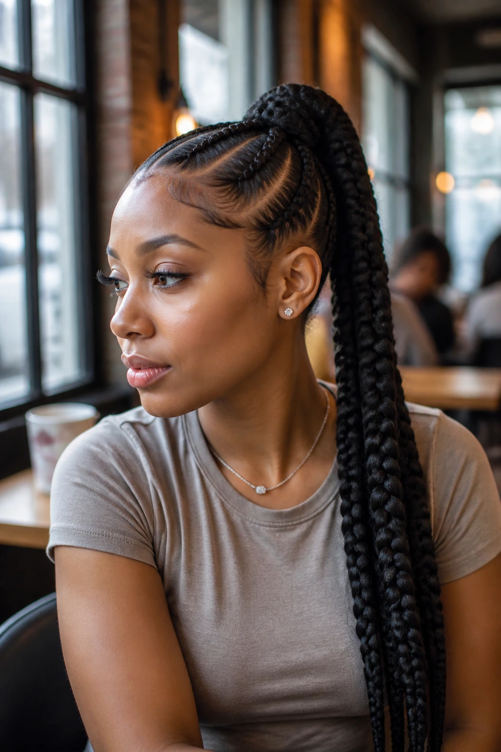Close-up of a Black woman with a high jumbo feed-in braided ponytail in natural cafe light