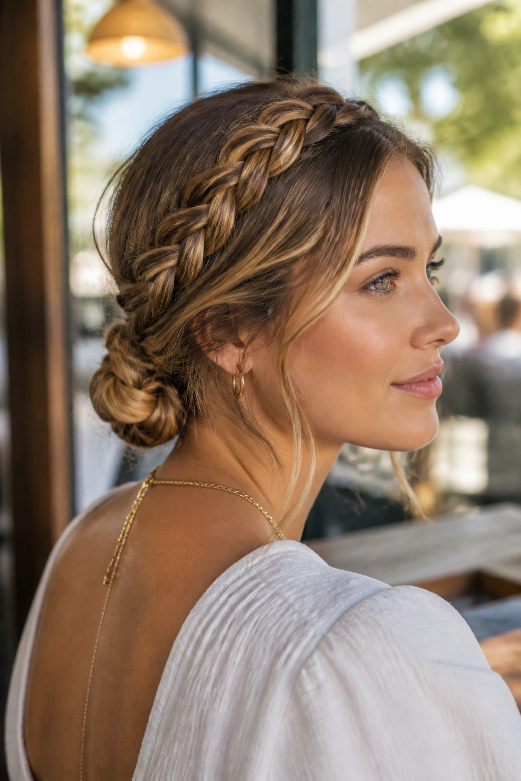 Close-up portrait of a real woman wearing a low braid and crown braid in outdoor cafe setting