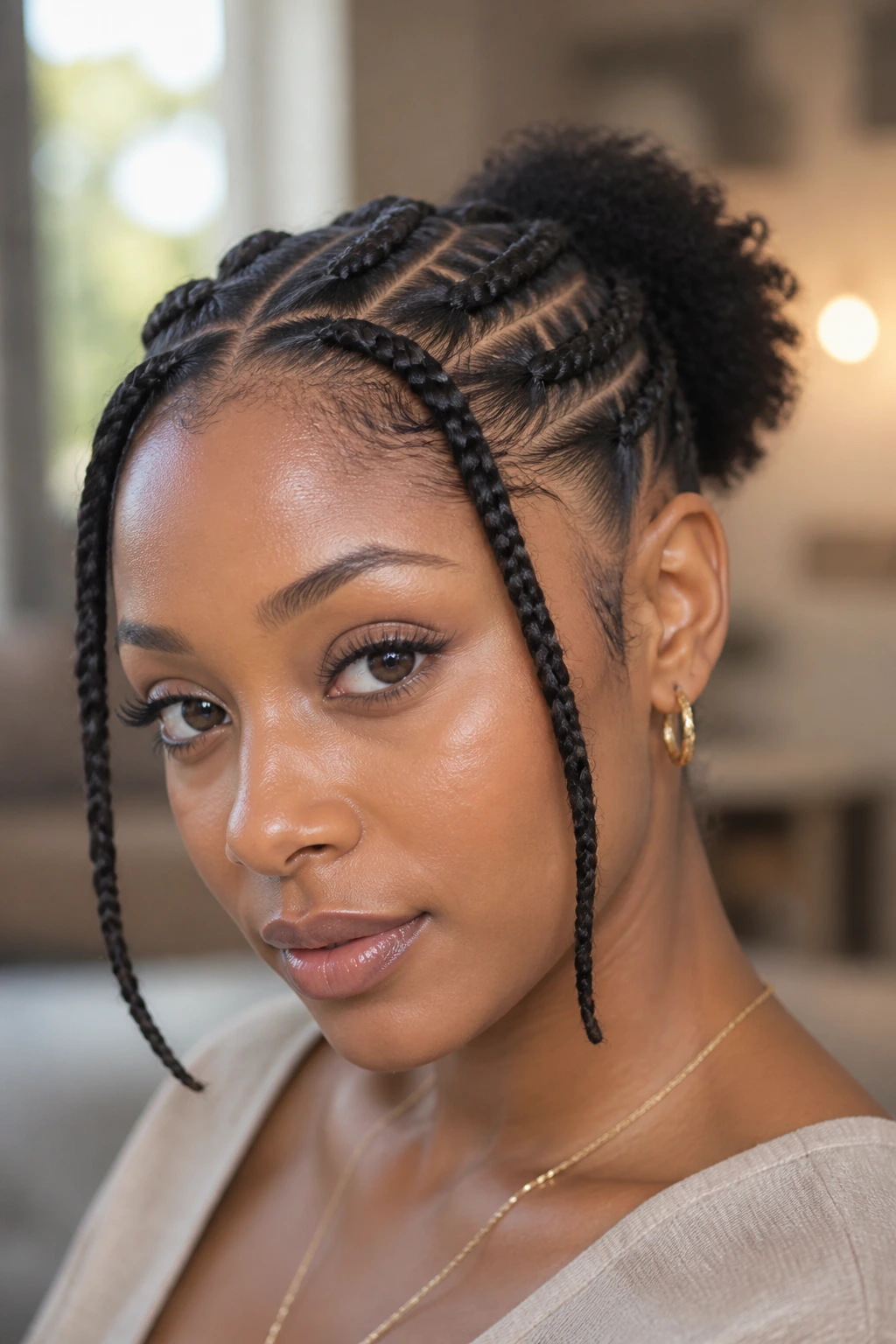 Close-up of a Black woman with braided front rows and a mini puff