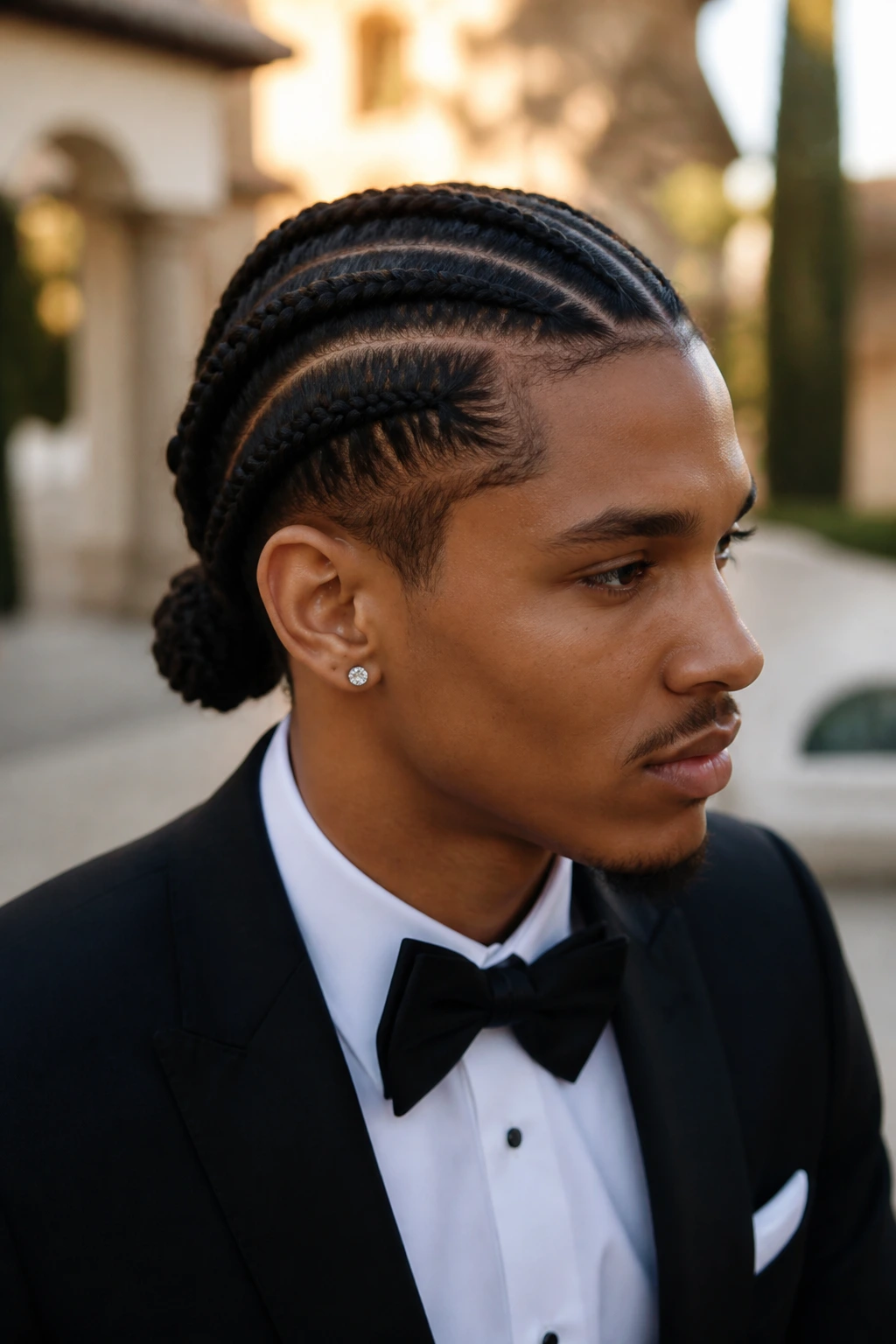 Portrait of man with braids pulled back and tidy partings