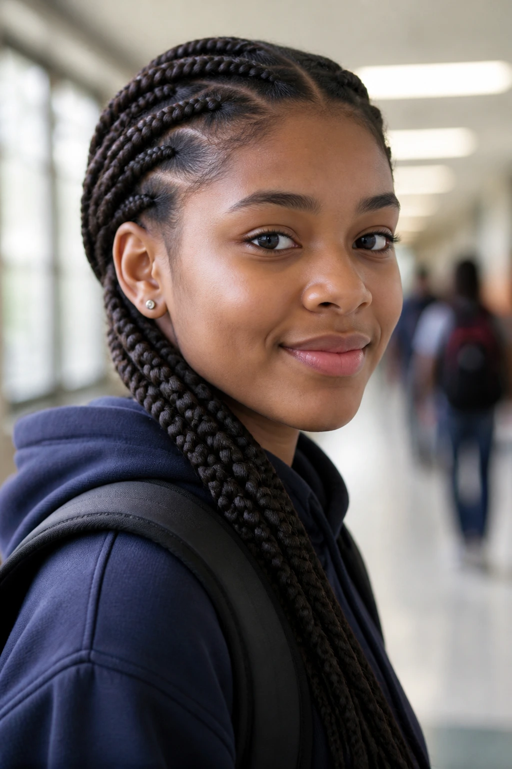 Close-up portrait of a real student with neatly braided hair