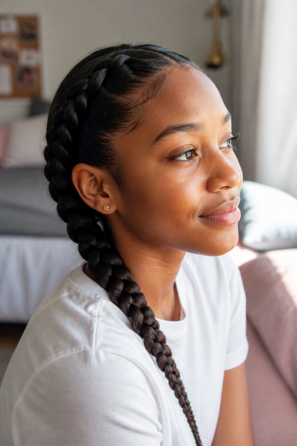 Close-up portrait of a real student with a neat braid in morning light