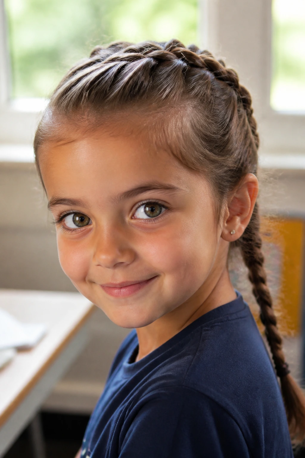 Close-up of a child with a neat French braid in a school-like setting