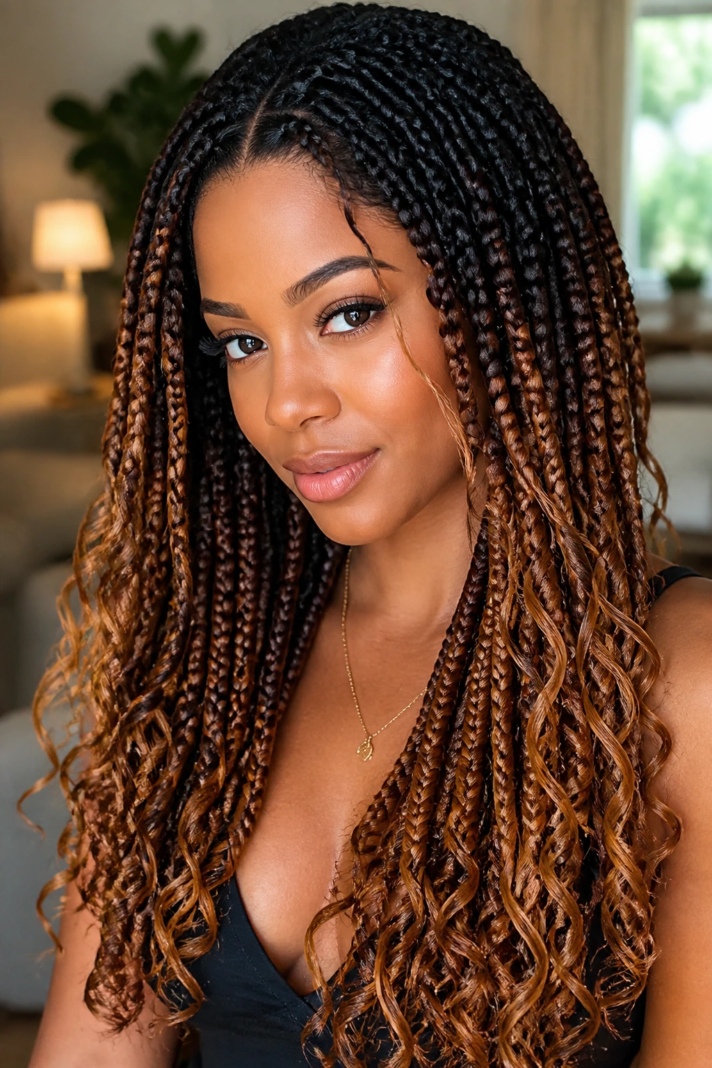 Close-up of espresso-to-caramel two-tone braids with a shadow root on a real person
