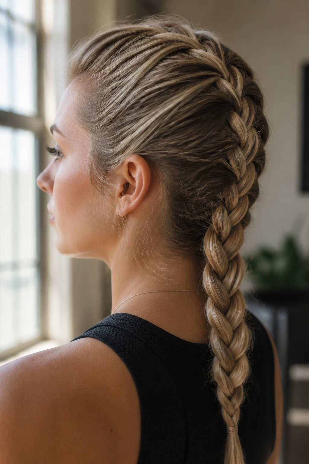 Close-up of a real person with a crisp French braid held shape under natural light