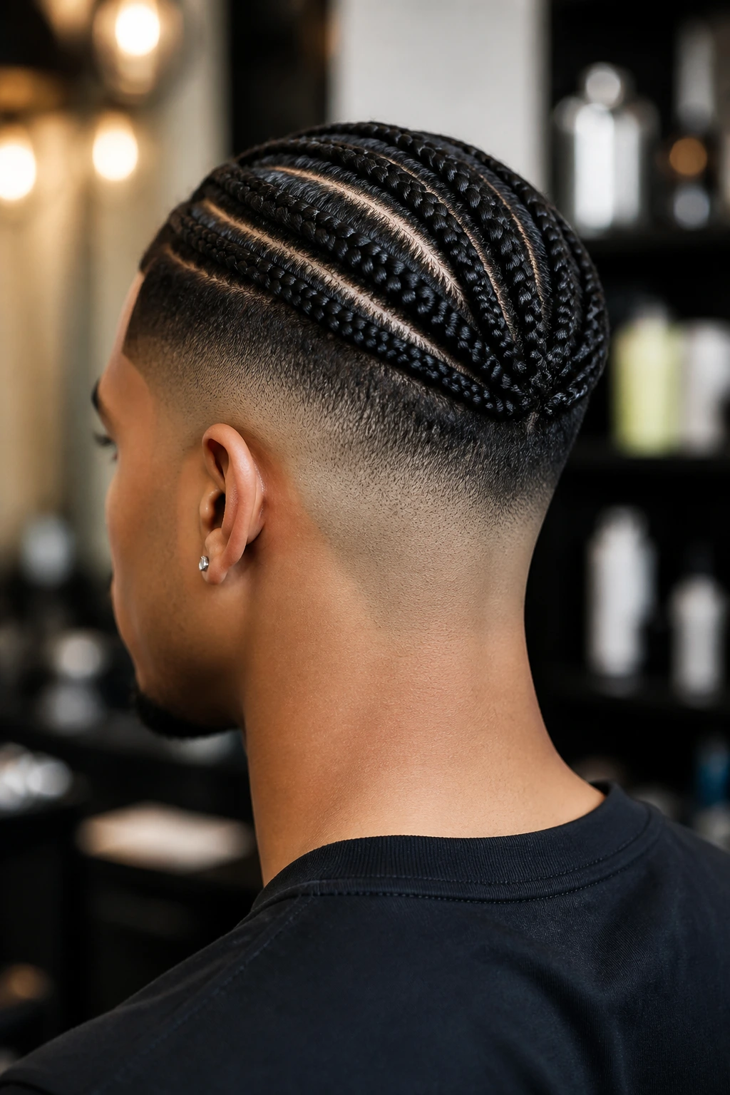 Close-up portrait of a real person with braided top and shaved sides and back, emphasizing sharp contrast