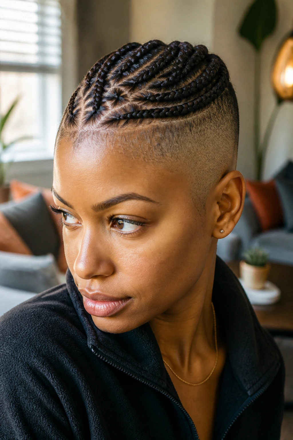Close-up of a real woman with shaved sides and back braids in a cozy living room, focus on the clean braid pattern.