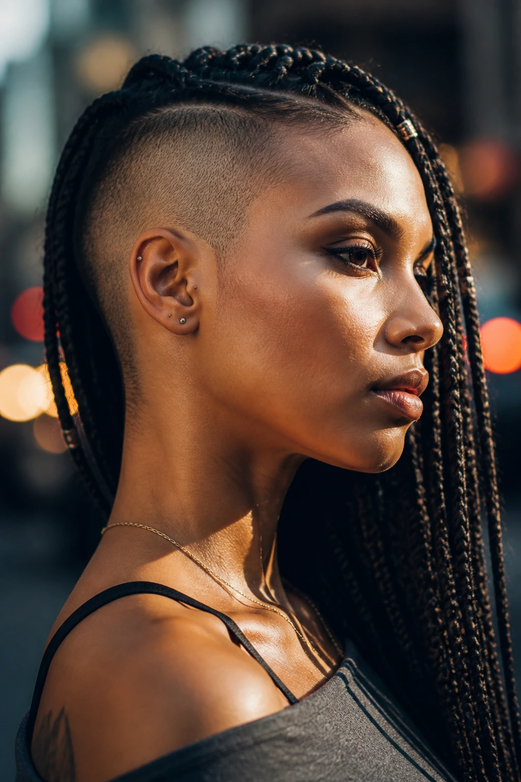 Portrait showing the contrast of shaved side and braided side
