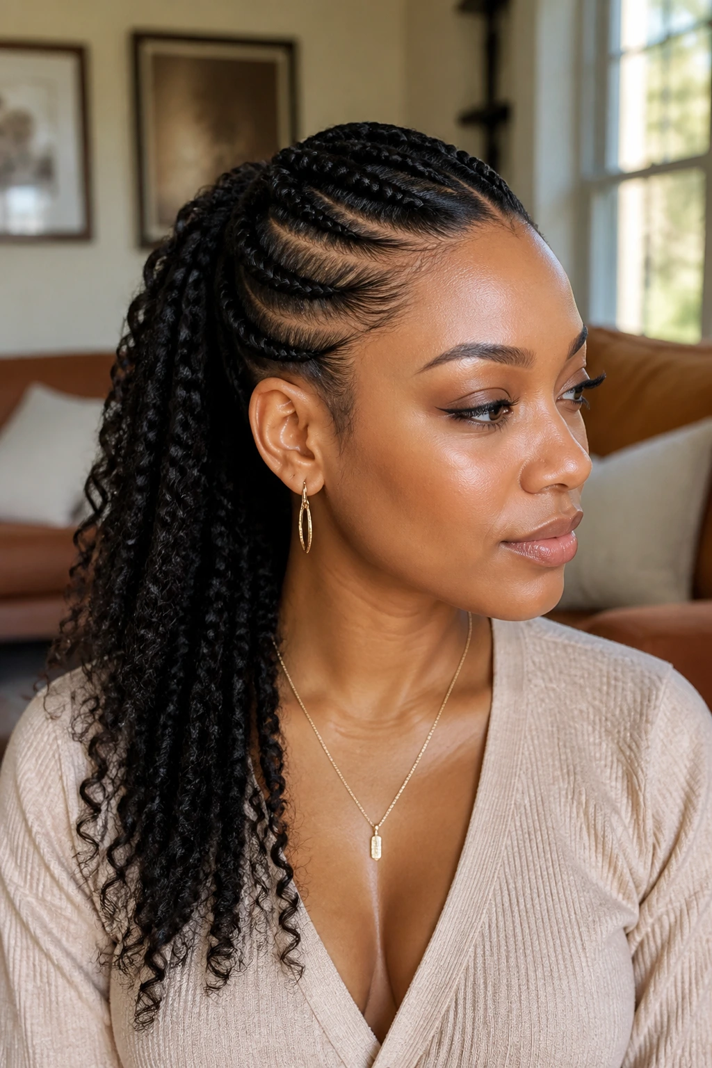 Close-up of a real woman with a side-starting braided ponytail