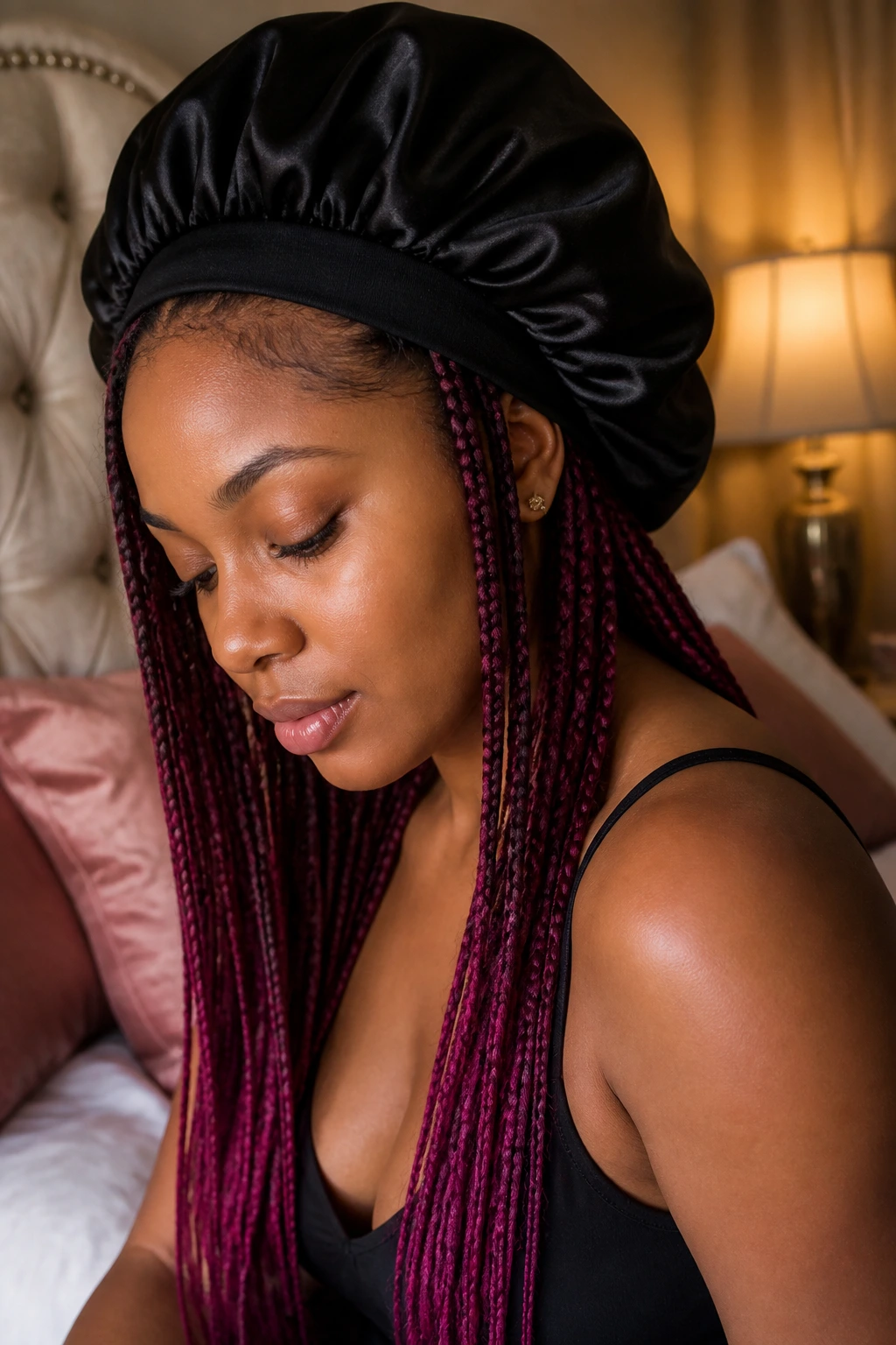 Close-up of person with satin bonnet protecting long colored braids