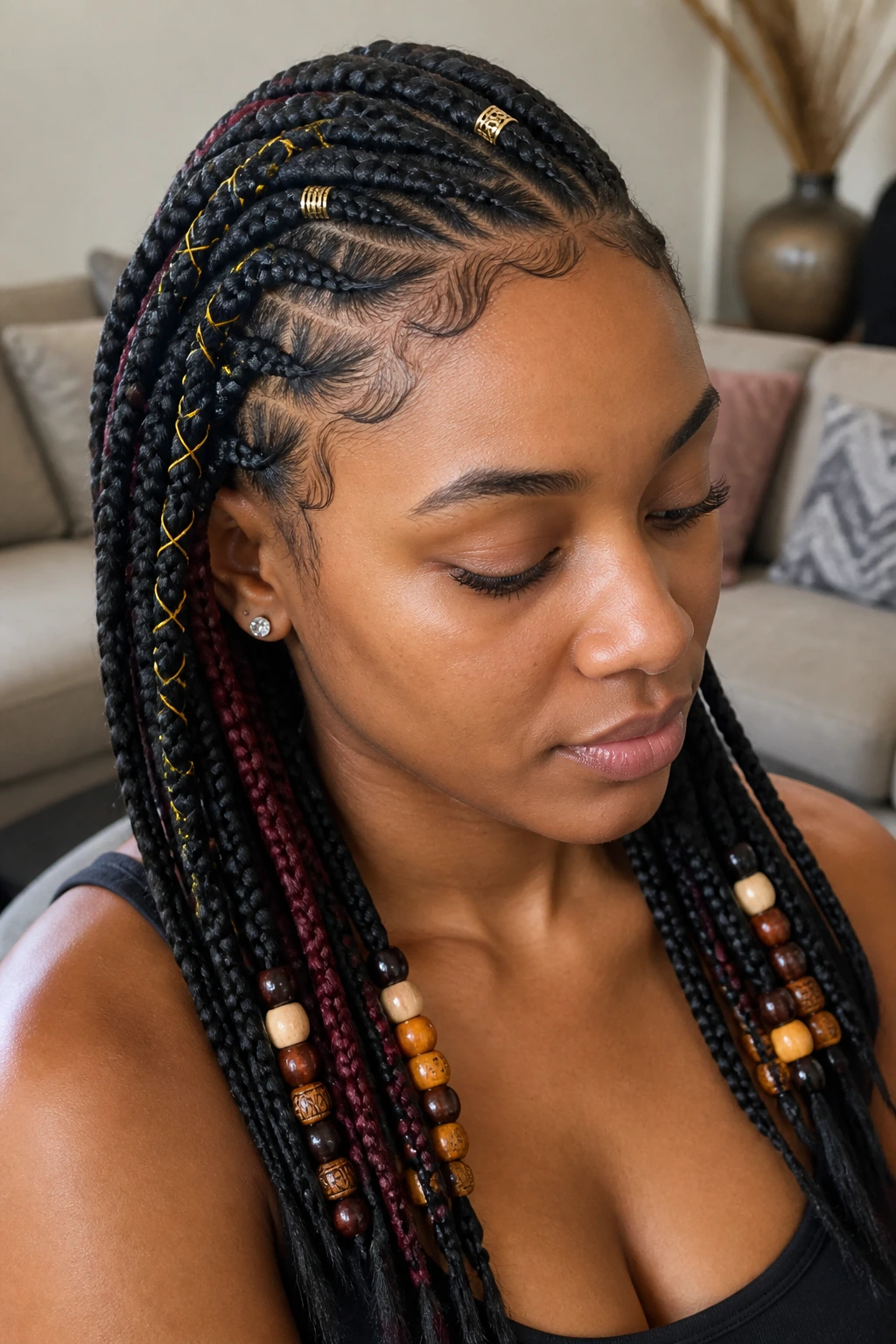 Braided hairstyle with color accents and beads on a real person.