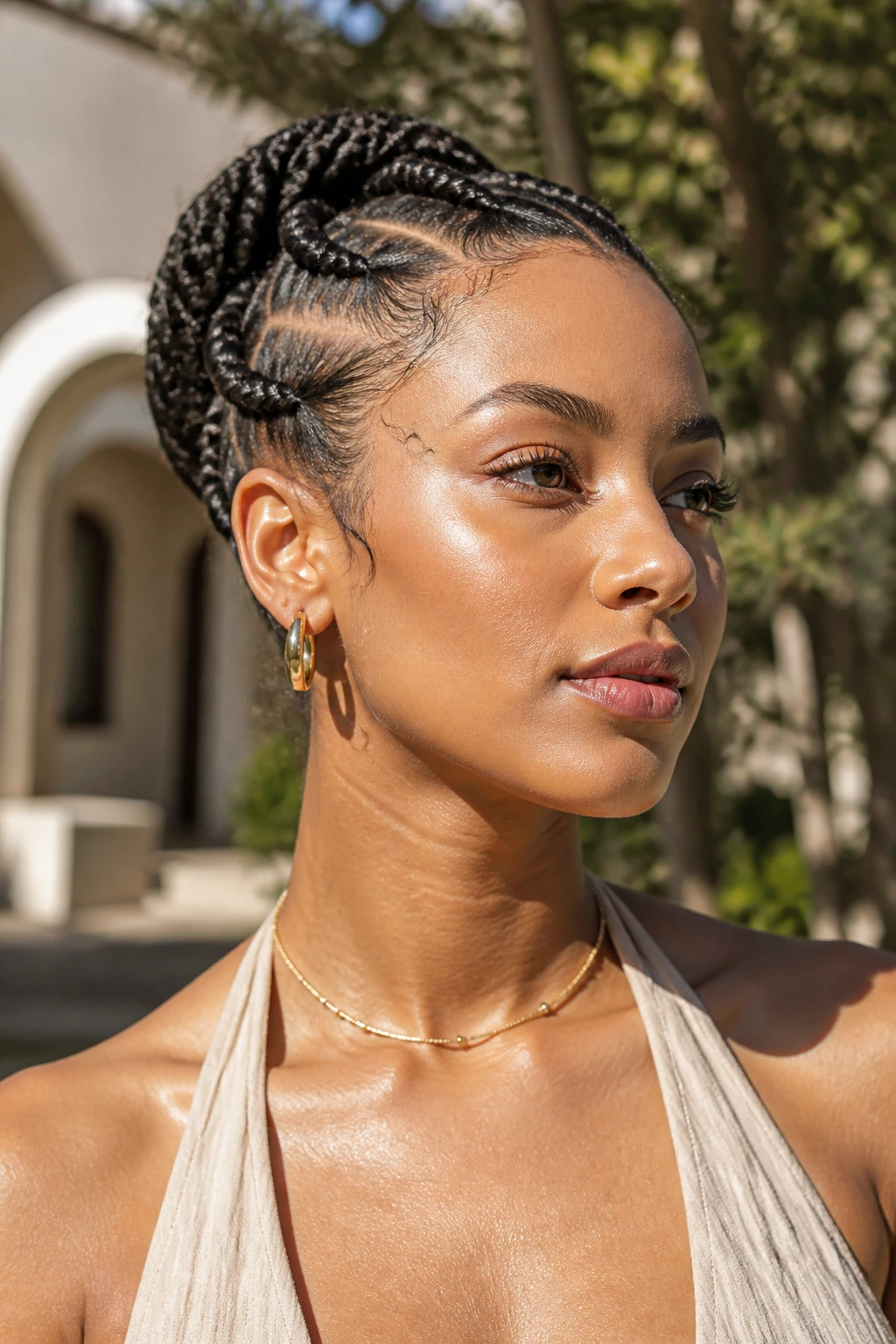Close-up of a real woman wearing heat-friendly braids keeping hair off the neck in bright outdoor light