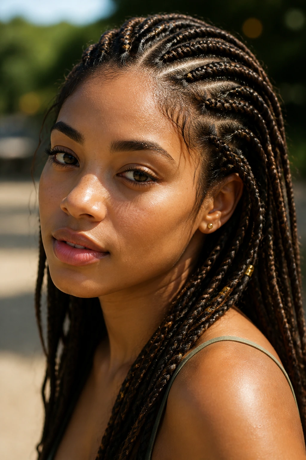 Close-up of a real woman with braids in a sunlit outdoor setting