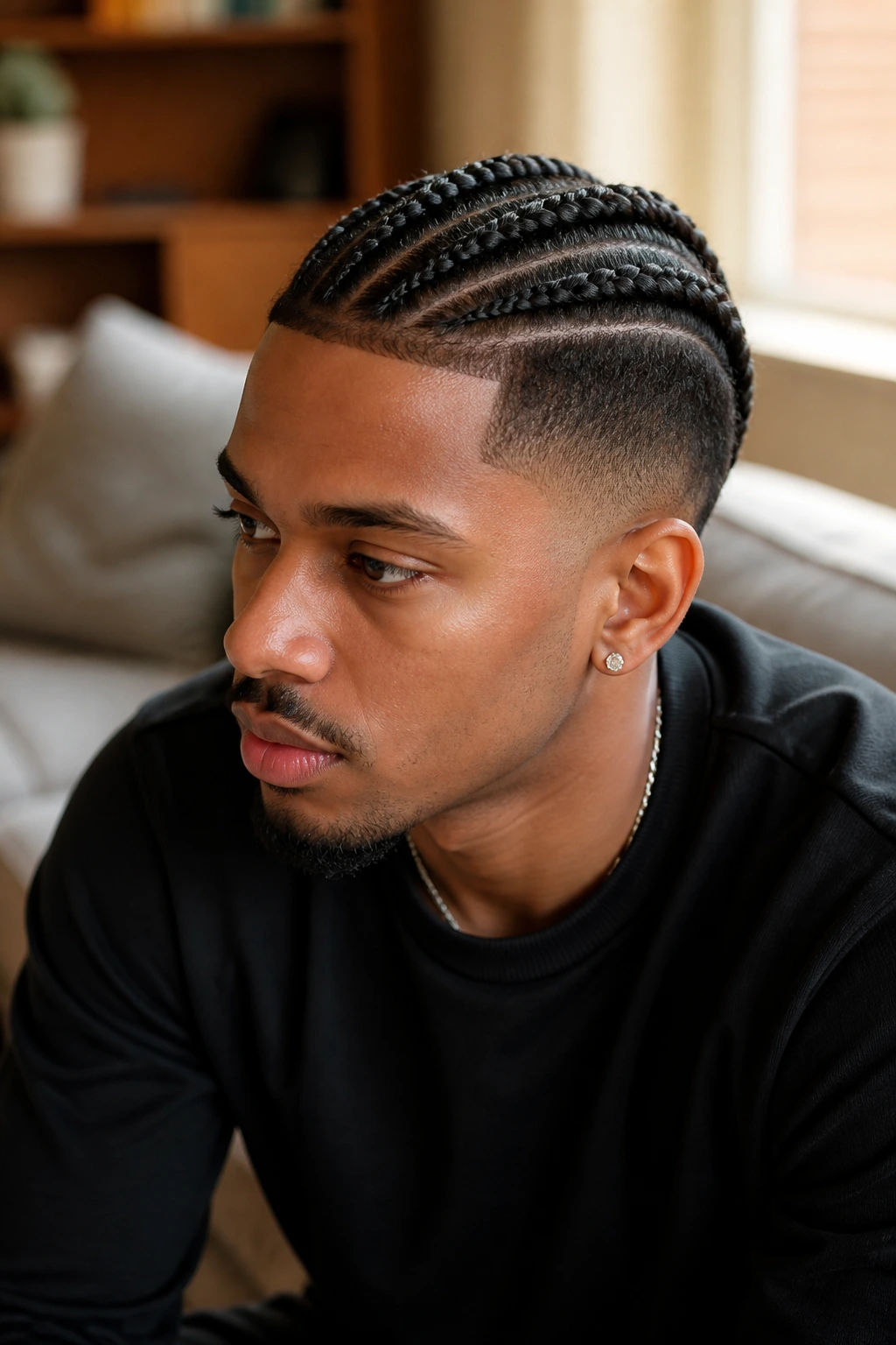 Close-up portrait of a man with a taper fade and braided pattern in a cozy living room