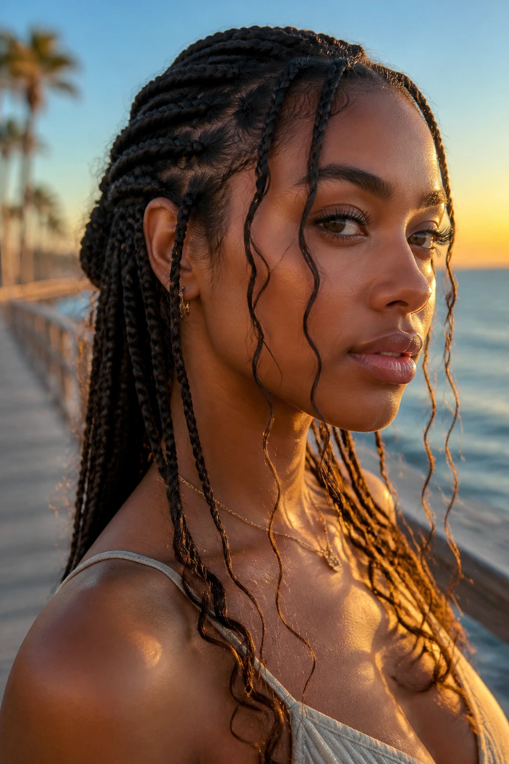 Close-up of a real woman with long face-framing tendrils among braids