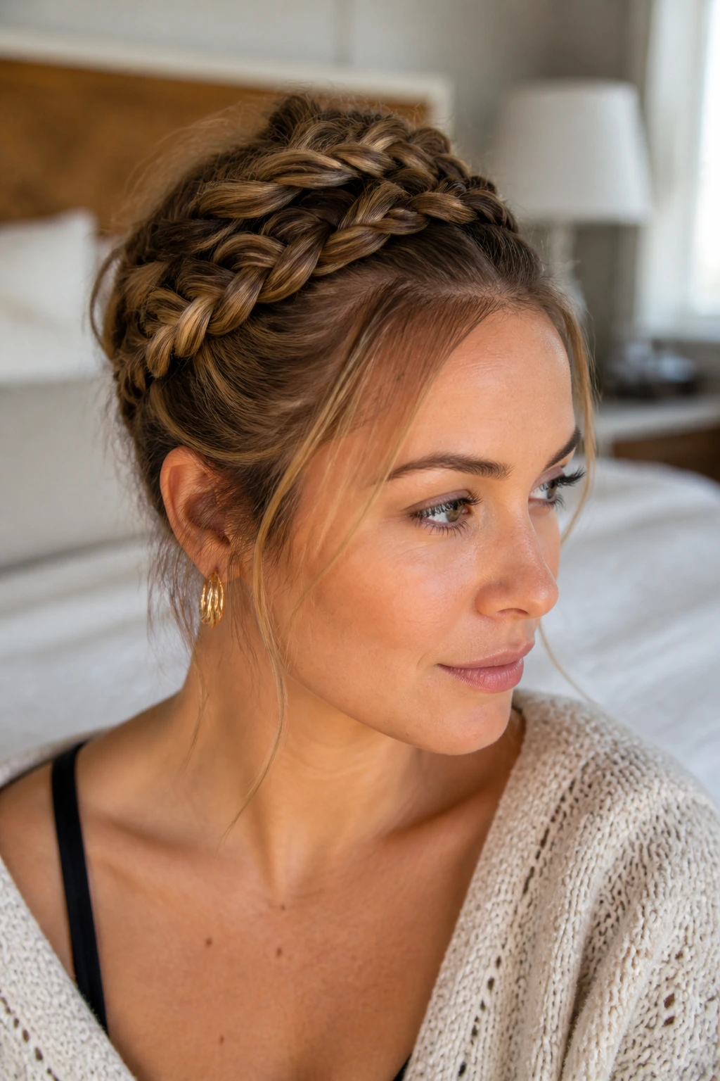 Close-up of a real woman with crown-lift and wide braids, making thin hair look intentional