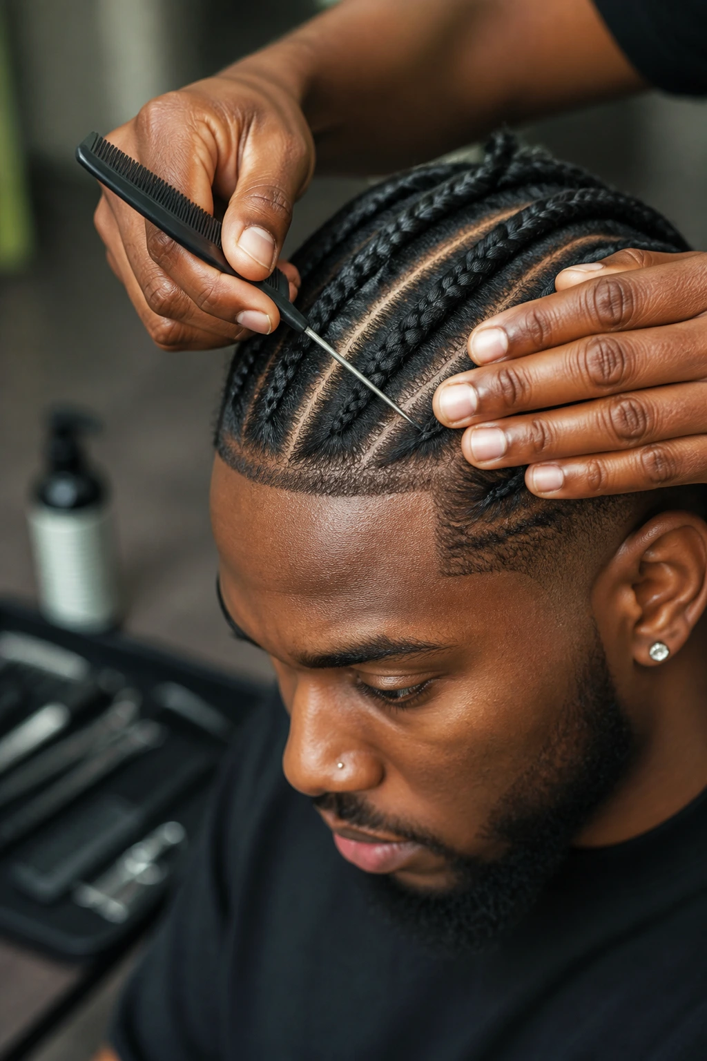 Man with braids parting hair with rat-tail comb, tools blurred in background